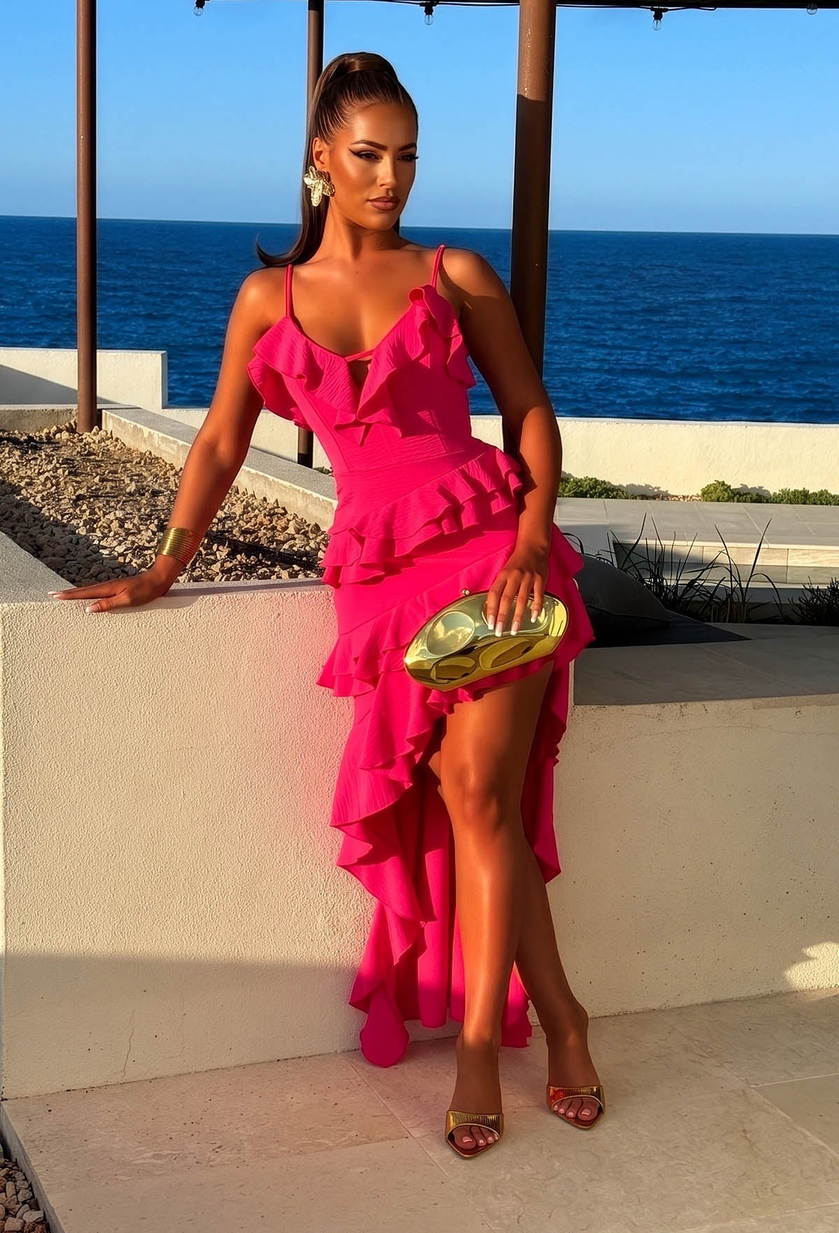 Chica Energy Fuchsia Asymetric Ruffle Hem Mini Maxi Dress