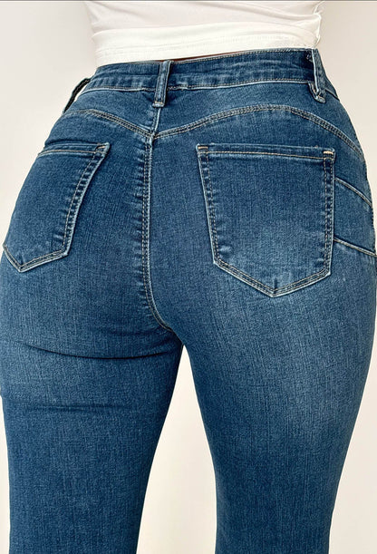 Christiane Ripped Mid Blue Stretch Push Up Flared Jeans