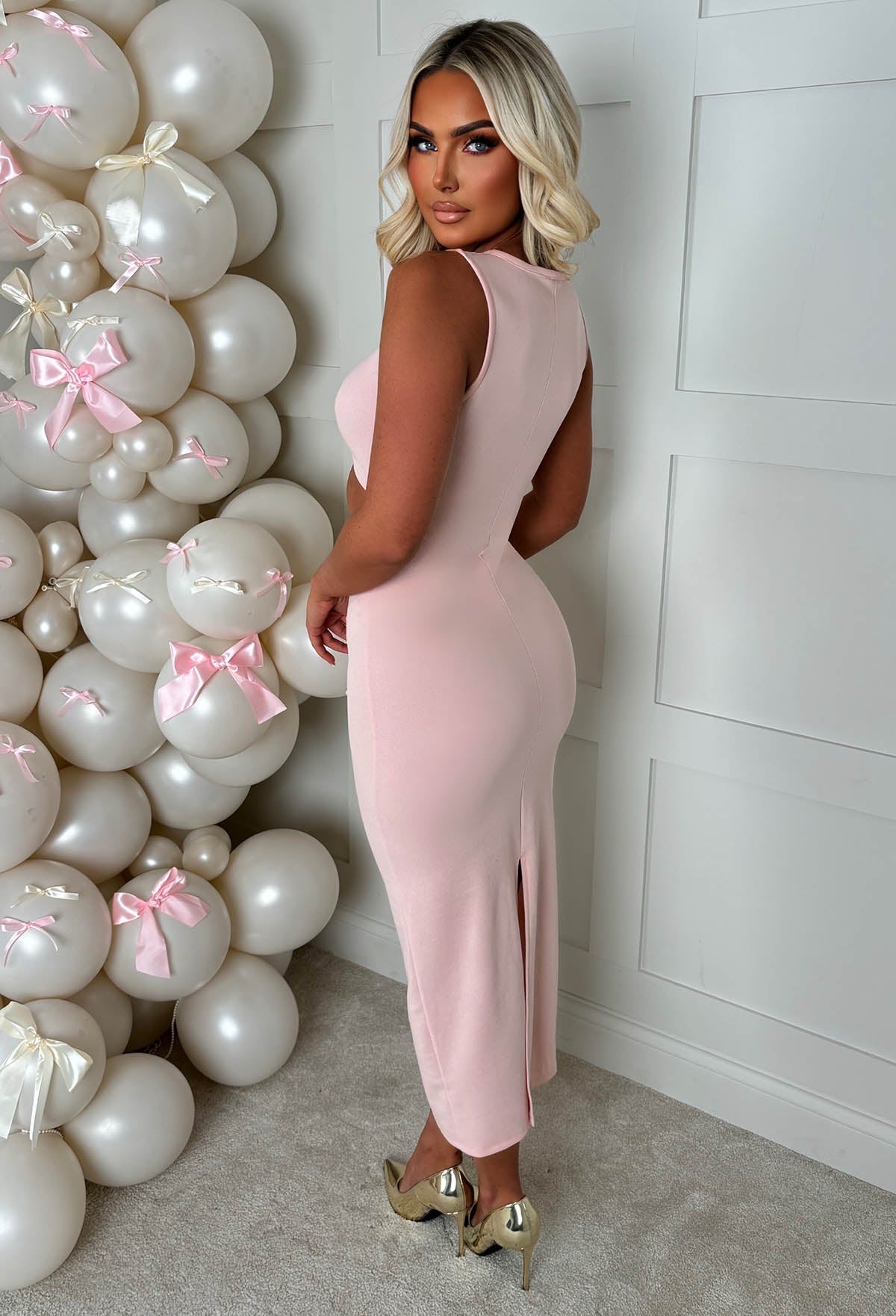 Clio Pink Buckle Detail Cutout Midi Dress