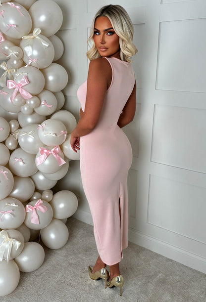 Clio Pink Buckle Detail Cutout Midi Dress