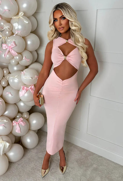 Clio Pink Buckle Detail Cutout Midi Dress