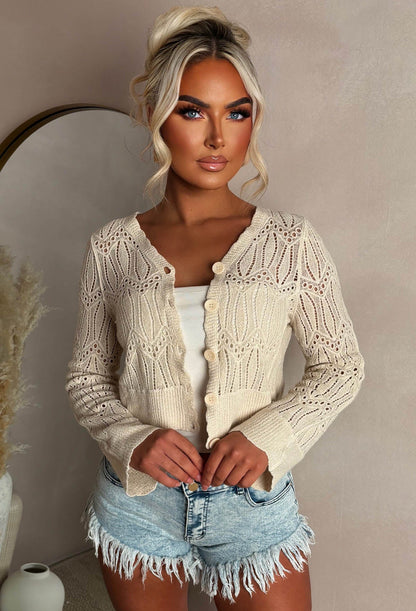 Coastal Chic Beige Crochet Knitted Cardigan