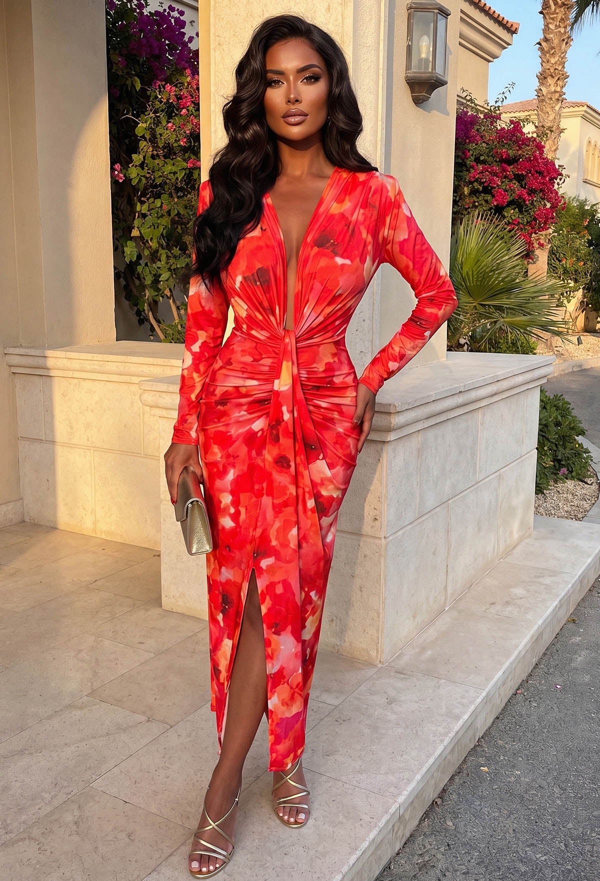 Cocktail Chic Pink Stretch Long Sleeve Plunge Ruched Midi Dress