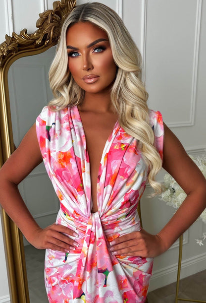 Cocktail Hour Pink Peach Blossoms Sleeveless Plunge Ruched Midi Dress