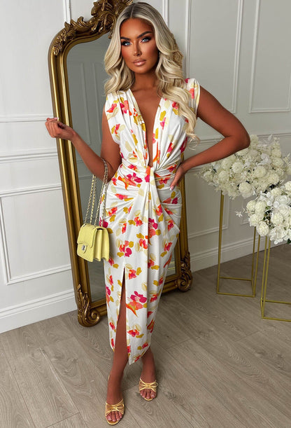Cocktail Hour Pink Petal Flowers Sleeveless Plunge Ruched Midi Dress