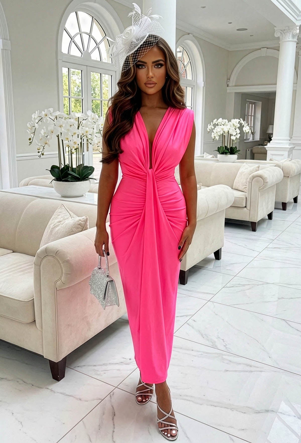 Cocktail Hour Pink Stretch Sleeveless Plunge Ruched Midi Dress