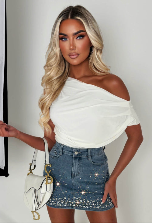 Coming For You Mid Blue Stretch Denim Embellished Skirt