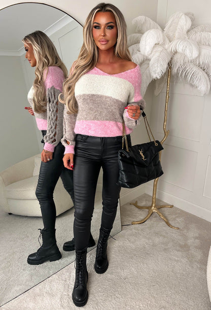 Complete Me Light Pink Stripe & Cable V Neck Jumper