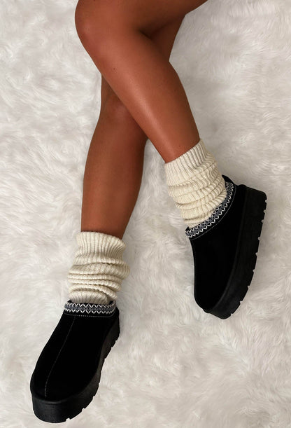 Cosy Luxury Black Aztec Trim Faux Fur Lined Platform Boots
