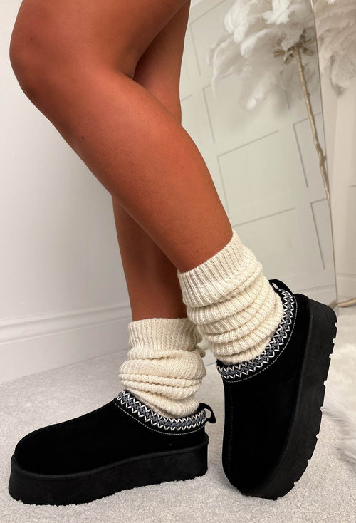Cosy Luxury Black Aztec Trim Faux Fur Lined Platform Boots