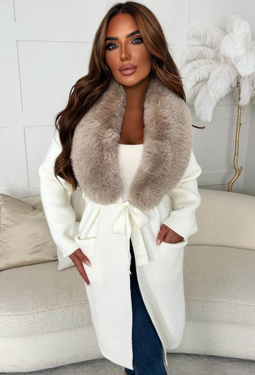 Cosy Opulence Cream Luxury Faux Fur Collar Cardigan