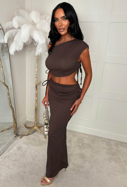 Crinkle Cutie Brown Ruched Detail Skirt Co-Ord Set
