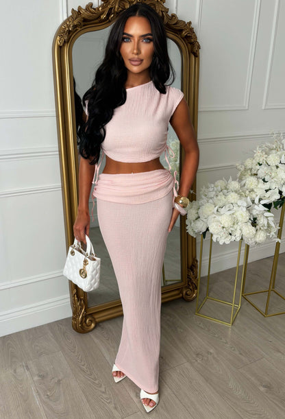 Crinkle Cutie Light Pink Ruched Detail Skirt Co-Ord Set
