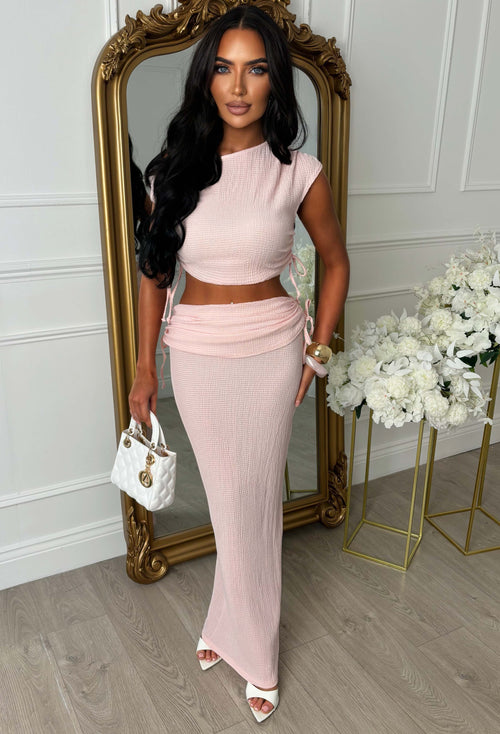 Crinkle Cutie Light Pink Ruched Detail Skirt Co-Ord Set