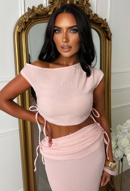 Crinkle Cutie Light Pink Ruched Detail Skirt Co-Ord Set
