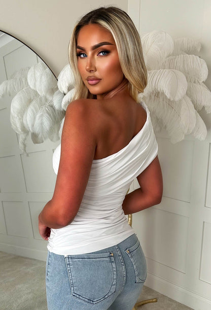 Crush Hour White One Shoulder Ruched Top