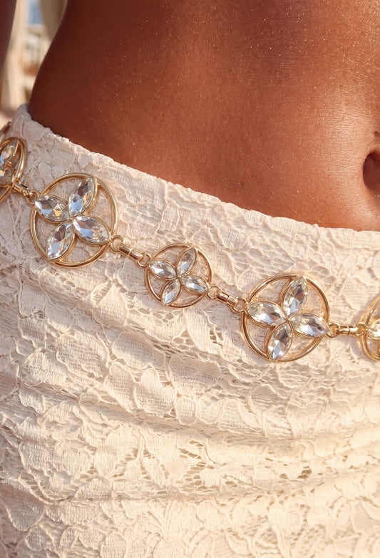 Crystal Cascade Gold Floral Chain Belt