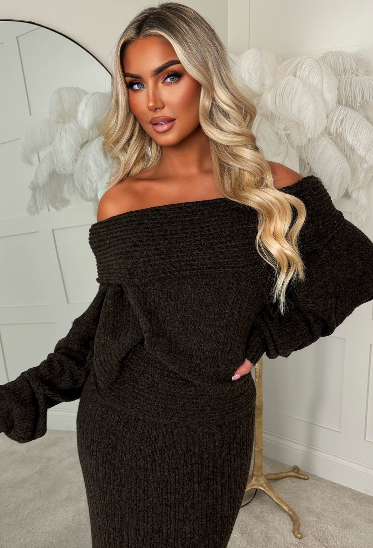 Cute As Brown Knitted Bardot Jumper & Maxi Skirt Set