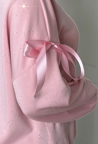 Cute One Light Pink Diamante Bow Sweatshirt