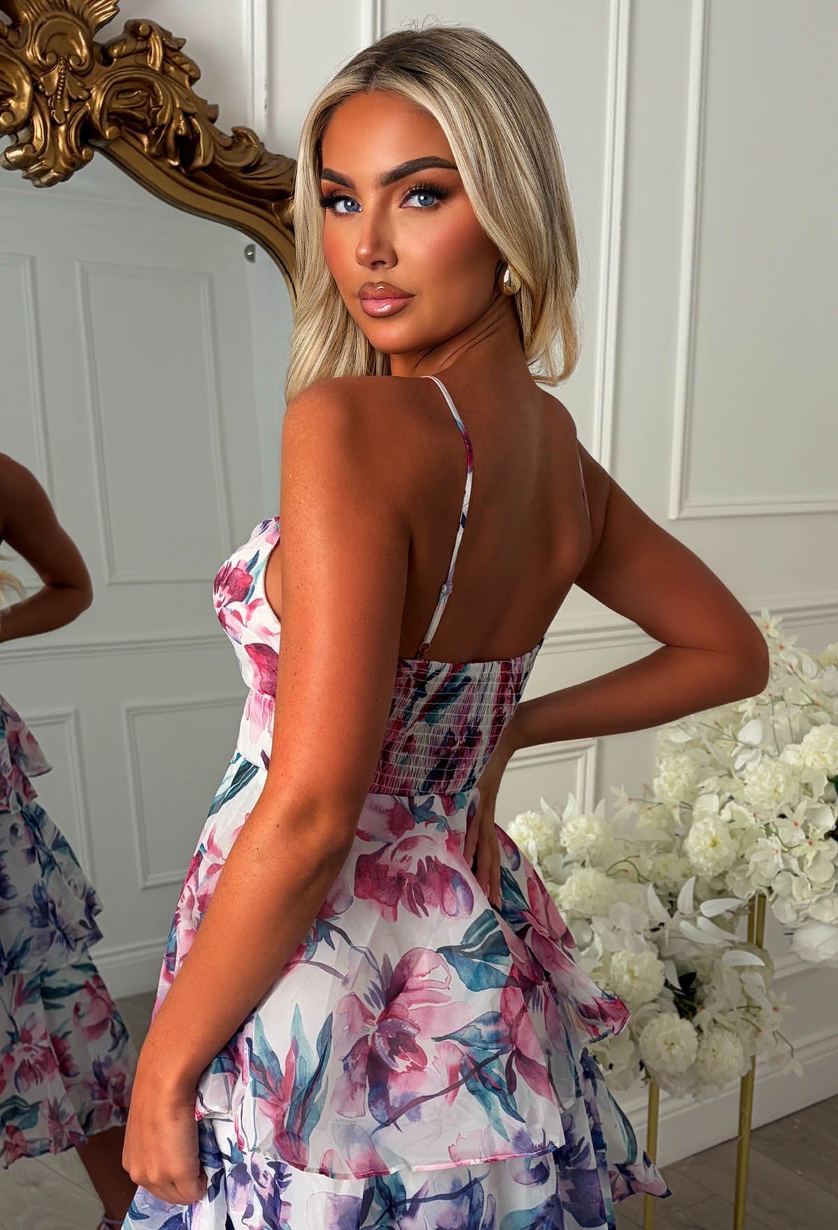 Daisy Kiss Purple Floral Ruffle Midi Dress