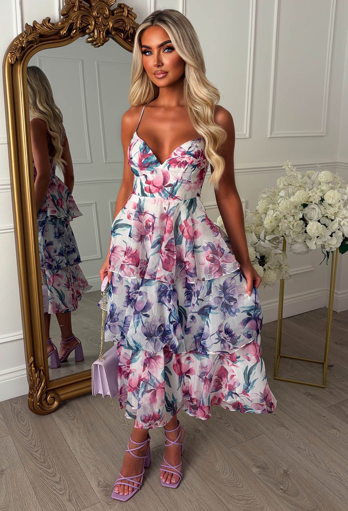 Daisy Kiss Purple Floral Ruffle Midi Dress