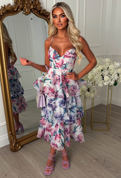 Daisy Kiss Purple Floral Ruffle Midi Dress