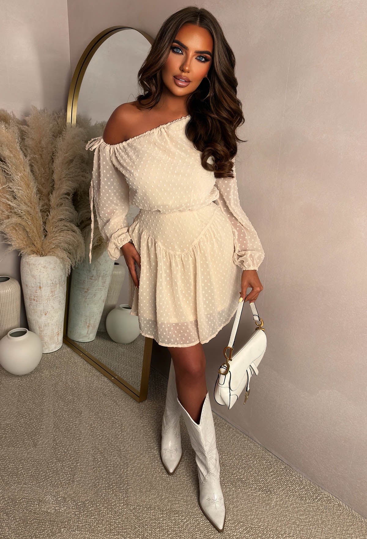 Damsel Cream Dobby Spot Off The Shoulder Dress