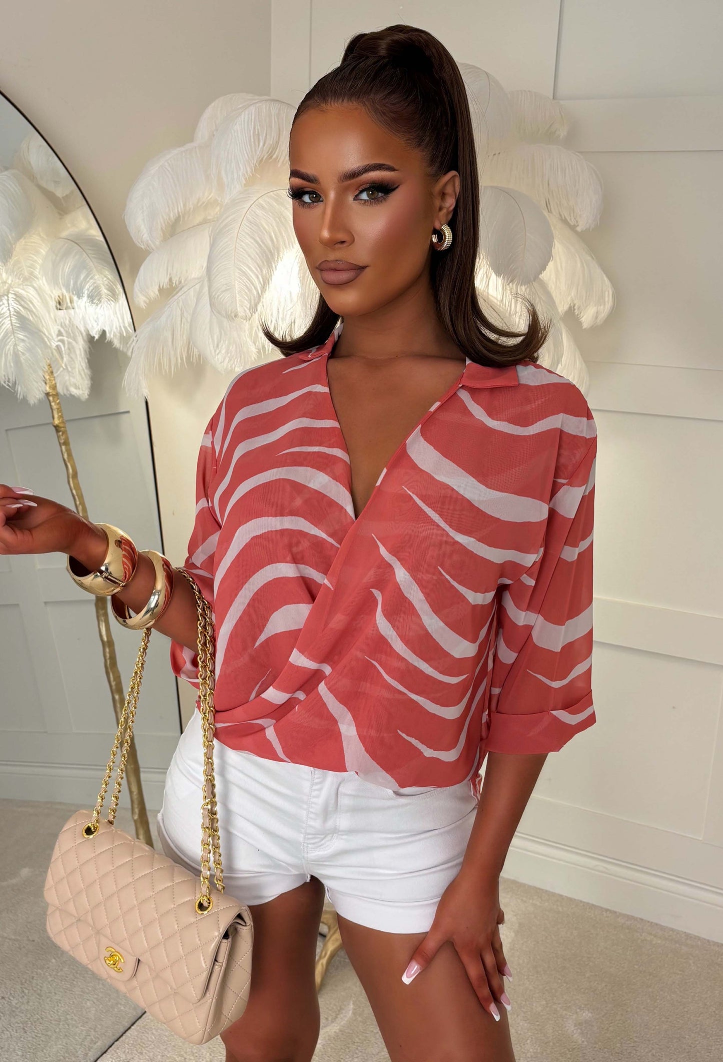 Dangerously Mine Coral Zebra Print Wrap Top