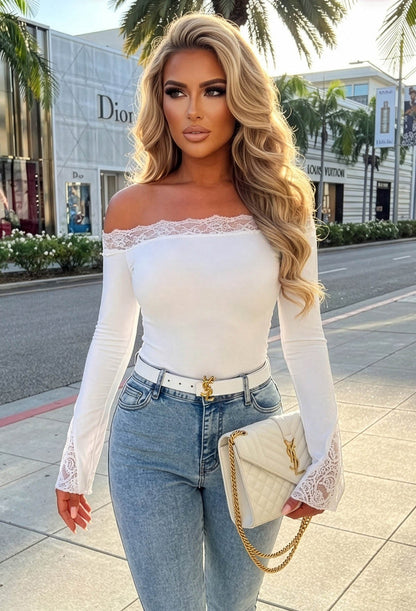 Dare To Dream White Lace Asymmetrical Neck Flared Sleeve Top