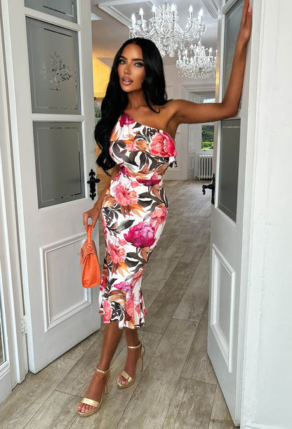 Darling Daydream Multi Rose Print Asymmetric Ruffle Midi Dress