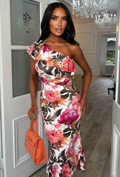Darling Daydream Multi Rose Print Asymmetric Ruffle Midi Dress