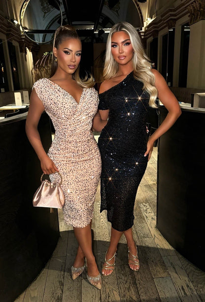 Dazzling Darling Gold Sleeveless Sequin Midi Dress