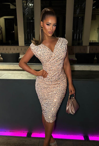 Dazzling Darling Gold Sleeveless Sequin Midi Dress