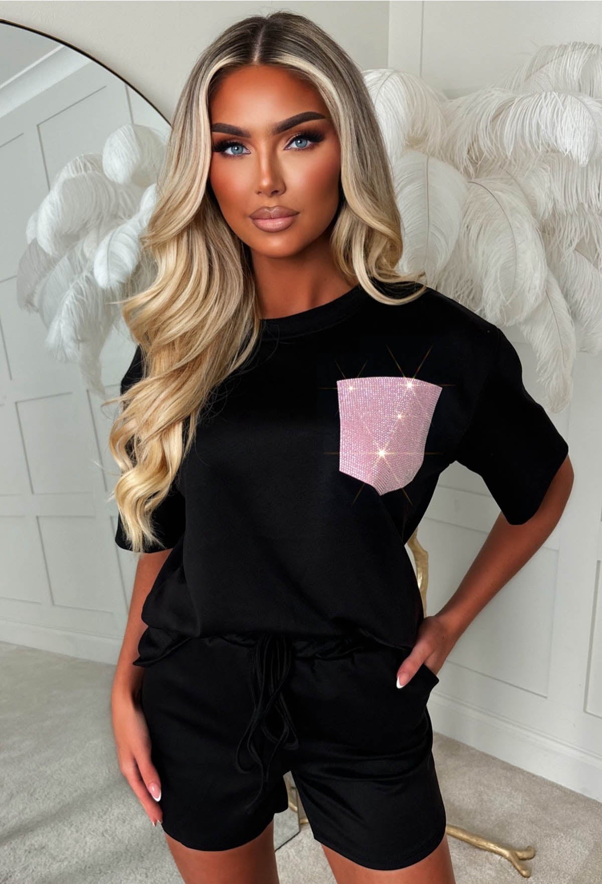 Dazzling Dreams Black Hot Fix Pocket Shorts Lounge Co-Ord Set