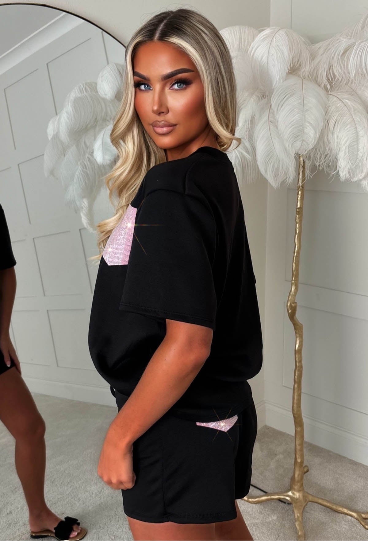 Dazzling Dreams Black Hot Fix Pocket Shorts Lounge Co-Ord Set
