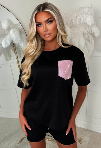 Dazzling Dreams Black Hot Fix Pocket Shorts Lounge Co-Ord Set