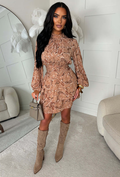 Delight Doll Pink Floral Print High Neck Long Sleeve Mini Dress