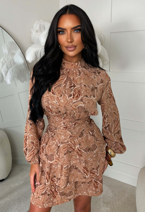 Delight Doll Pink Floral Print High Neck Long Sleeve Mini Dress