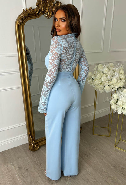 Deluxe Design Blue Lace & Plain Wide Leg Belted Jumpsuit