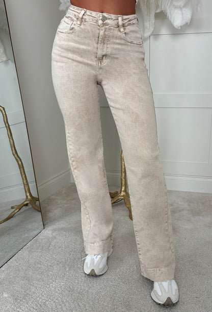 Denim Design Beige Stretch Wide Leg Washed Jeans