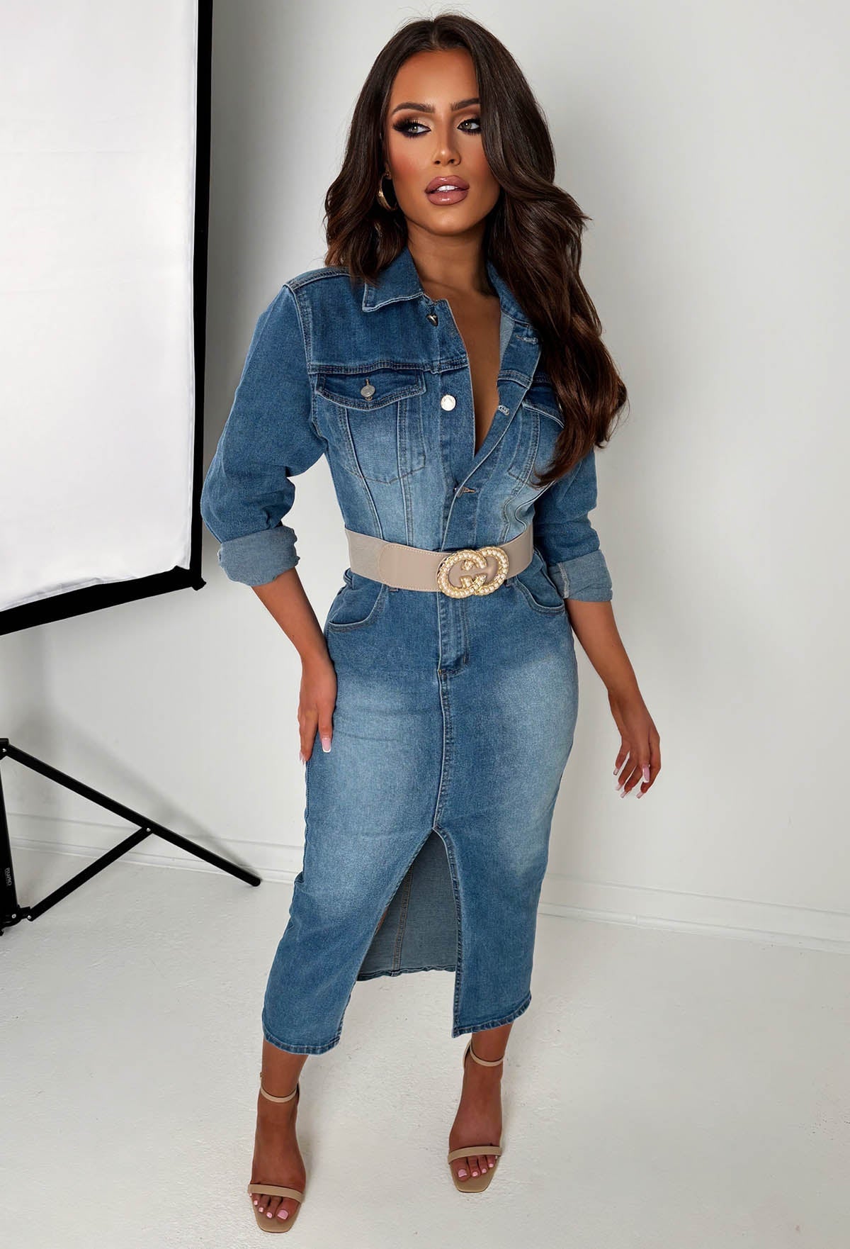Denim Muse Mid Wash Stretch Denim Long Sleeve Dress