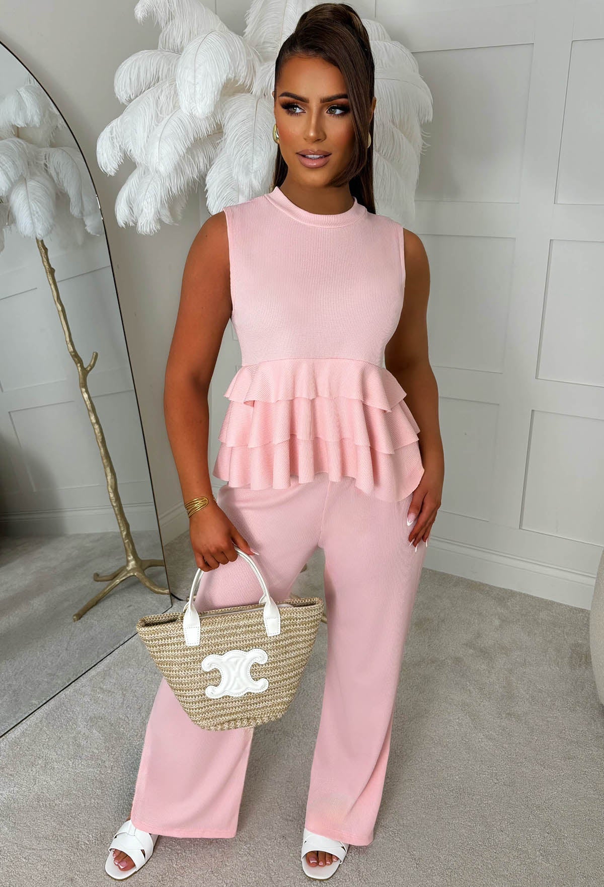 Desert Rose Light Pink Textured Ruffle Top And Trouser Co-ord