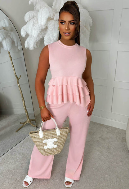 Desert Rose Light Pink Textured Ruffle Top And Trouser Co-ord