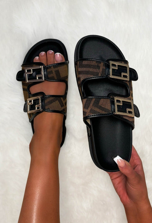 Designer Dreams Brown Monogram Print Gold Buckle Sandals