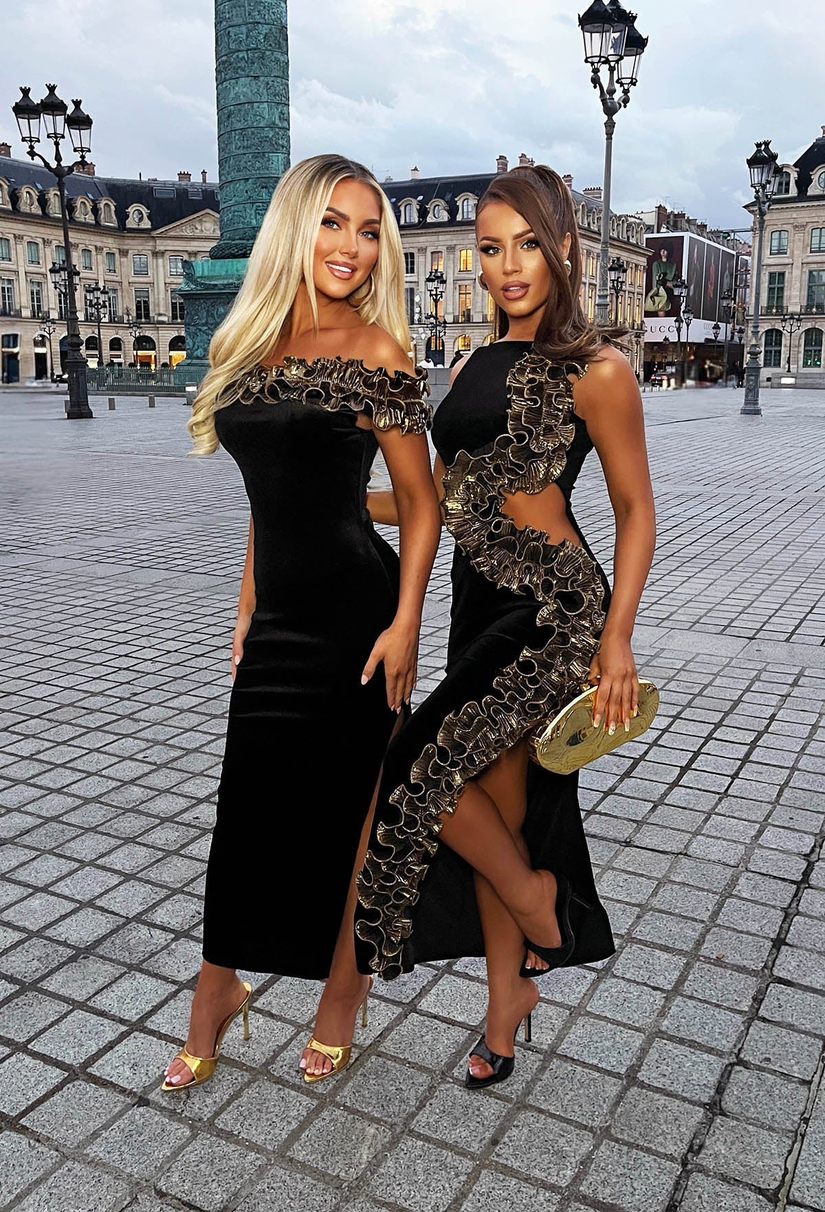 Desirable & Divine Black Velvet Ruffle Bardot Midaxi Dress
