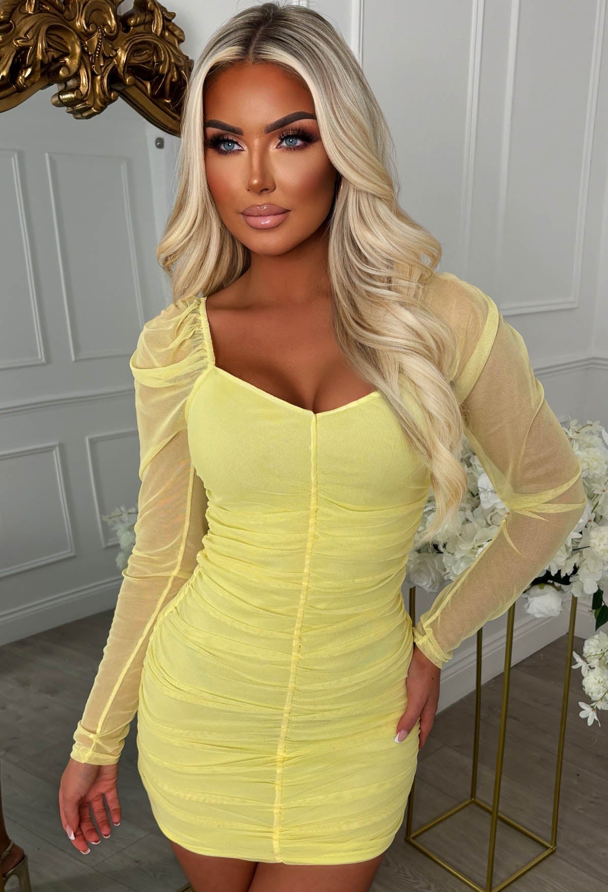 Divine Diva Lemon Ruched Front Puff Long Sleeve Dress