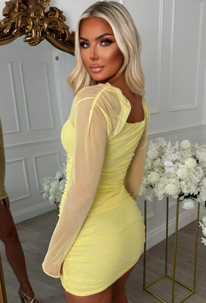 Divine Diva Lemon Ruched Front Puff Long Sleeve Dress