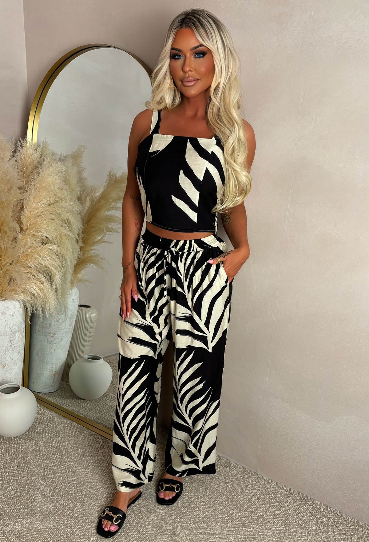 Divine Love Monochrome Tropical Print Trouser Co-Ord
