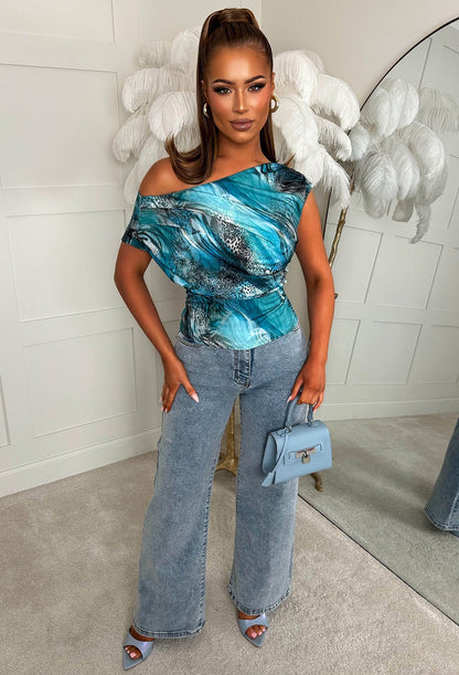 Dixie Teal Leopard Ruched Shoulder Top