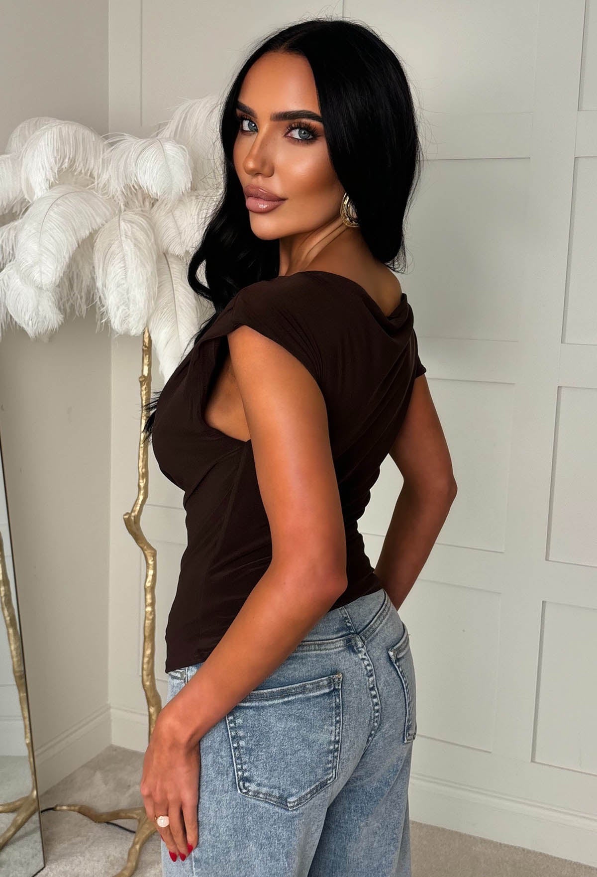 Dixie Brown Ruched Shoulder Top